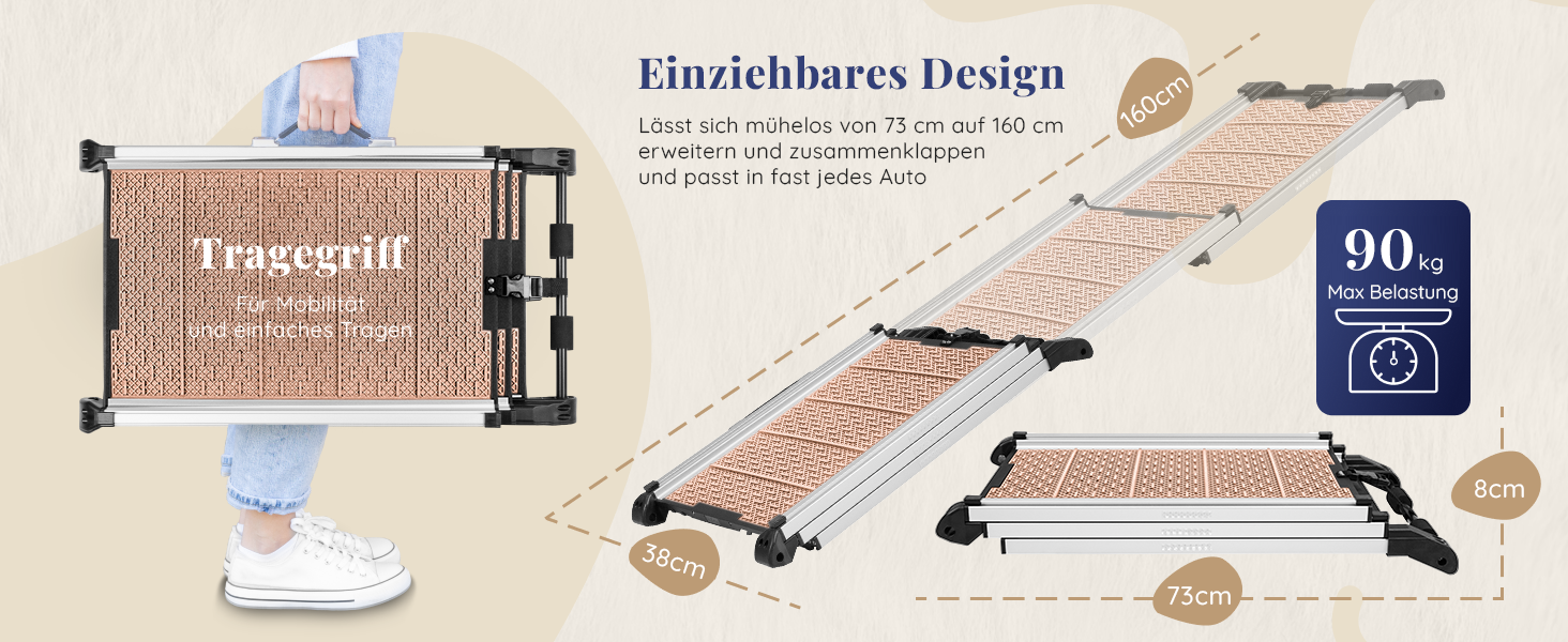 Рампа для собак у машину, складна, телескопічна, до 90 кг, для SUV та легкових автомобілів, з неслизьким покриттям, з кліпсою, з відбиваючими смугами