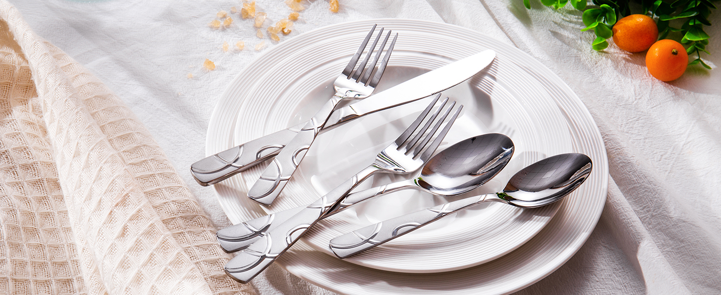 HIKAA Набір столових приборів 20 предметів, нержавіюча сталь, для 4 осіб, набір столових приборів для кухні, високоглянцевий, набір з виделок, ложок та ножів, придатний для миття в посудомийній машині (сріблястий)