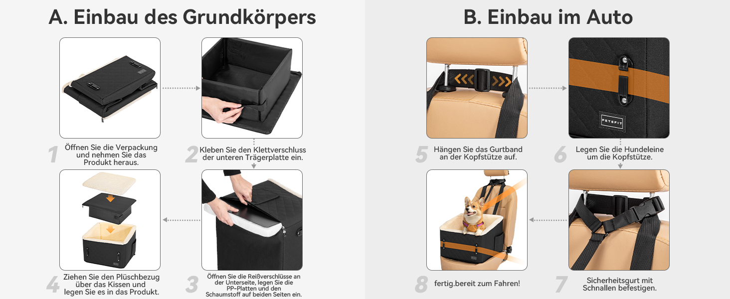 PETSFIT Автокрісло для собак, підняте на 12.5 см, для собак до 12 кг, чорний колір, знімний плюшевий чохол, безпечне кріплення