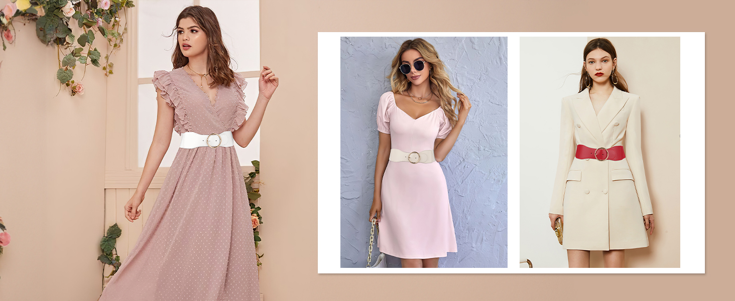 Еластичний пояс для жінок WERFORU 3 шт. Широкий ремінь для сукні, чорний+коричневий+бежевий, розмір M (73-82 см)