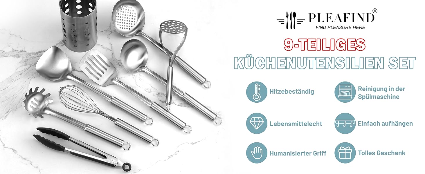 Набір кухонних аксесуарів Pleafind, 9 предметів: лопатки, шумівки, вінчики, ложки для пасти та картоплекотушки