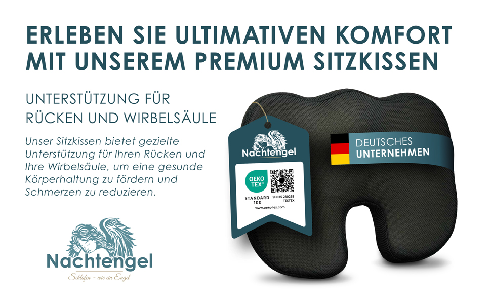 Ортопедична подушка для сидіння Nachtengel з Memory Foam (3 ступені жорсткості) для ергономічного комфорту, полегшення болю в куприку та зменшення болю – ідеально підходить для офісного крісла, автосидіння та ін. (1 шт, Medium (60-100 кг)) Чорний колір