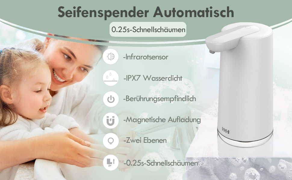 Frohsun Automatic Soap Dispenser - Rechargeable, Touchless, Motion Sensor, 350ml Capacity, Adjustable Foam Volume, IPX7 Waterproof - for Kitchen, Bathroom & Hotel Use (White)