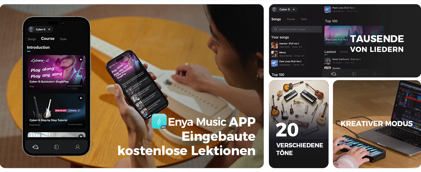 Smart-гітара Enya з генератором акордів, драм-машиною та басовою лінією. 20 звуків інструментів (електрогітара, акустична електрогітара, цифрове піаніно). Інтерактивні схеми акордів через додаток (модель Pick, Blue)