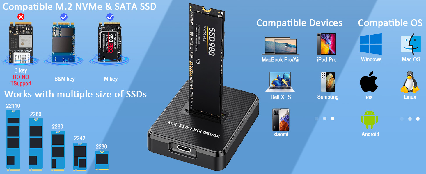 Зовнішній корпус-док-станція M.2 NVMe та SATA на USB-C, адаптер для SSD з підтримкою Dual-Protocol, швидкість 10 Гбіт/с, сумісність з M Key, B+M Key (2280, 2260, 2242, 2230)
