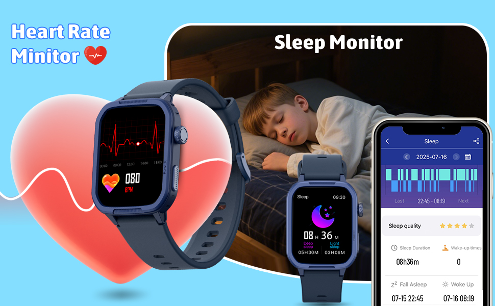 Дитячий розумний годинник-фітнес-трекер з пульсометром, лічильником кроків, монітором сну та водонепроникністю IP68. Подарунок для дітей 6-16 років (Блакитний)