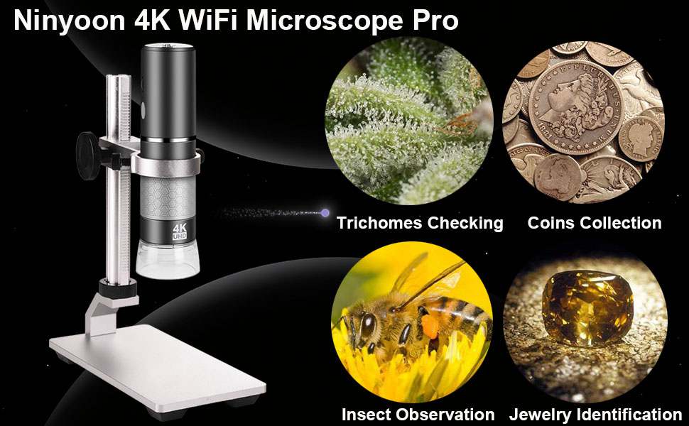4K WiFi мікроскоп Ninyoon з професійним штативом та чохлом для iPhone, Android, PC, iPad, Android Tablet, Windows, Mac, Chrome, Linux (сірий)