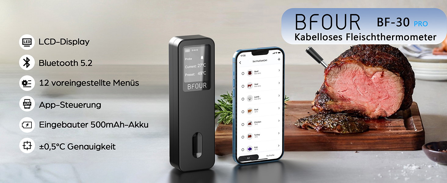 Бездротовий термометр для м'яса BFOUR 2025 з Bluetooth, подвійний сигнал, моніторинг через додаток, водонепроникний IP67, для приготування BBQ, гриля, духовки, коптильні та ротатерії