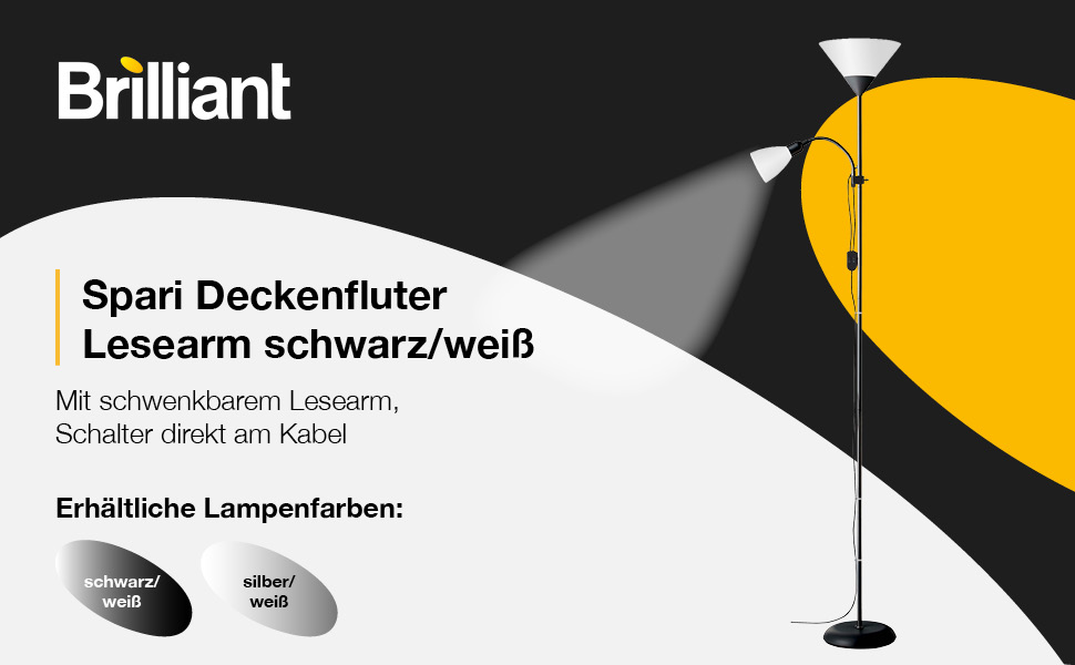 Стеля-прожектор Brilliant Spari з лампою для читання, чорний/білий – LED торшер – 1,8 м – сумісний з LED лампами (патрон E27 та E14) – регульована лампа для читання, чорний/білий. Без LED лампи.