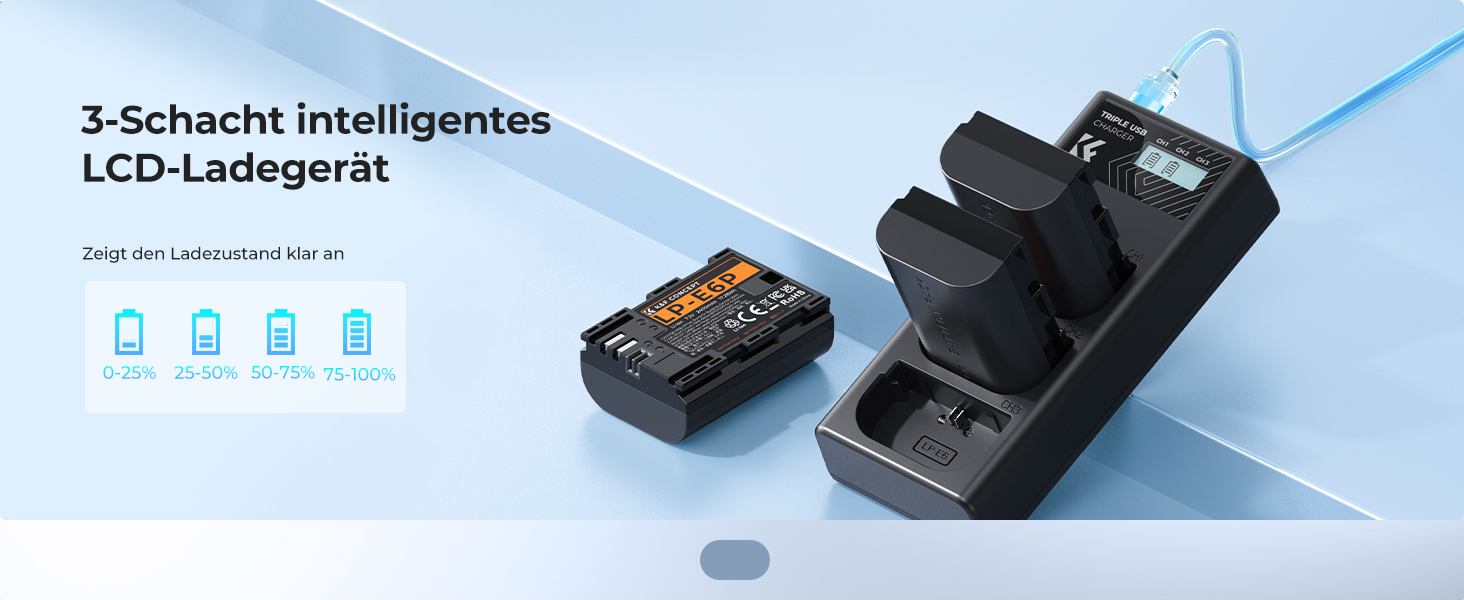 Акумулятор Canon LP-E6P (3 шт.) K&F Concept + Зарядний пристрій на 3 слоти, 2400mAh для Canon EOS R5, R6, R7, 5D Mark IV
