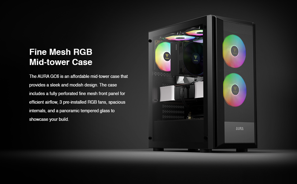 Корпус для ПК GAMDIAS AURA GC6 ATX Midi Tower: 4 x 120 ARGB вентилятори, Mesh-панель, скло, підтримка синхронізації, чорний