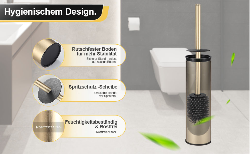 Підлогова щітка для унітазу DAZI з металевим покриттям, матова, з 2 довгими щітками для глибокого очищення, запобігає розбризкуванню та затримці води. (Бурштяне золото)