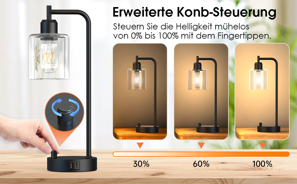 Настільна лампа 2 шт. з USB зарядкою (A+C), LED, тканинний абажур, регулювання кольору, для спальні, вітальні, дитячої, офісу (індустріальний стиль)