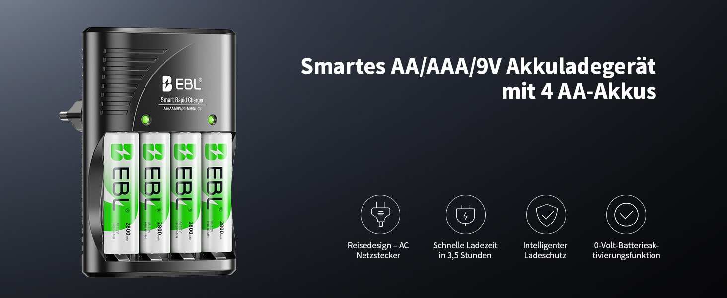 Зарядний пристрій EBL для акумуляторів AA, AAA, 9V + 4x AA 2800mAh акумулятори в комплекті