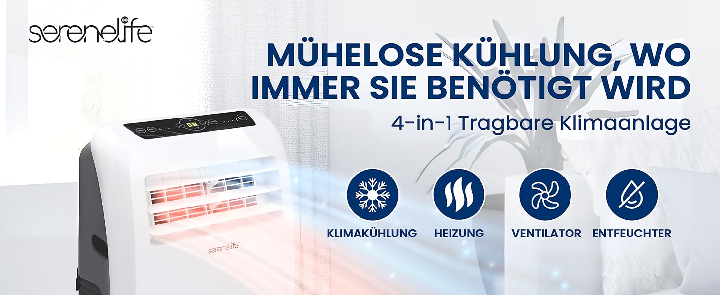 Мобільний кондиціонер SereneLife 9000BTU - 3-в-1: кондиціонер, вентилятор, осушувач повітря. Для приміщень до 42 м², білий.