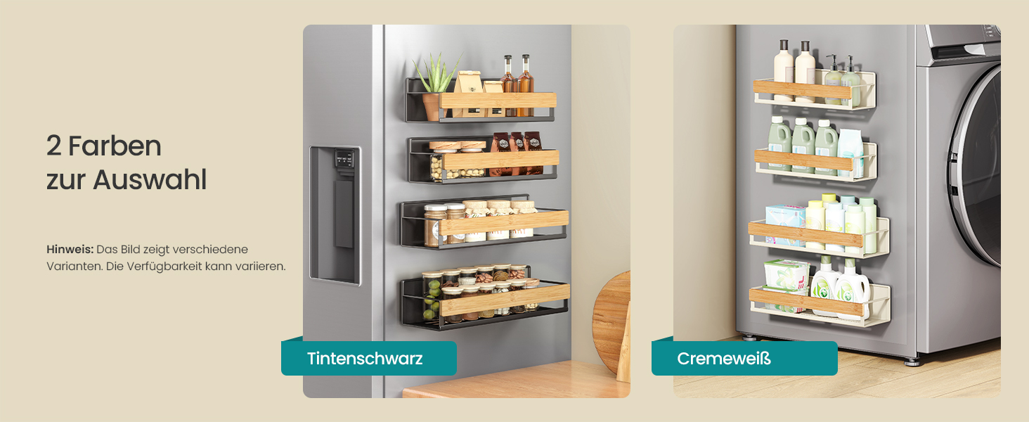 Магнітна полиця для спецій SONGMICS, 4 шт., 2 великі та 2 малі, без свердління, для кухні, холодильника, мікрохвильової печі, пральної машини, KCS061B01 (кремово-білий + натуральний бежевий, сталь + бамбук)