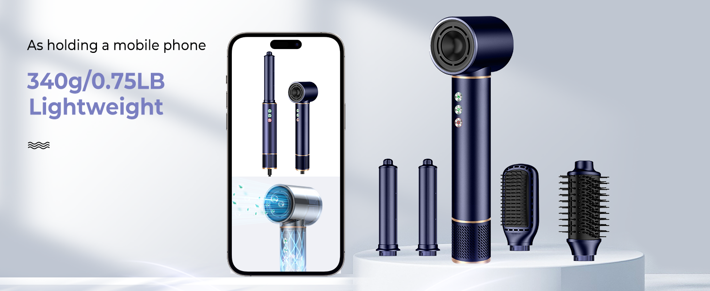 Airstyler 5 в 1: Фен-щітка з іонізацією, 20 м/с, 110 000 об/хв, для створення локонів та випрямлення, легкий, тихий, швидке сушіння, блакитний