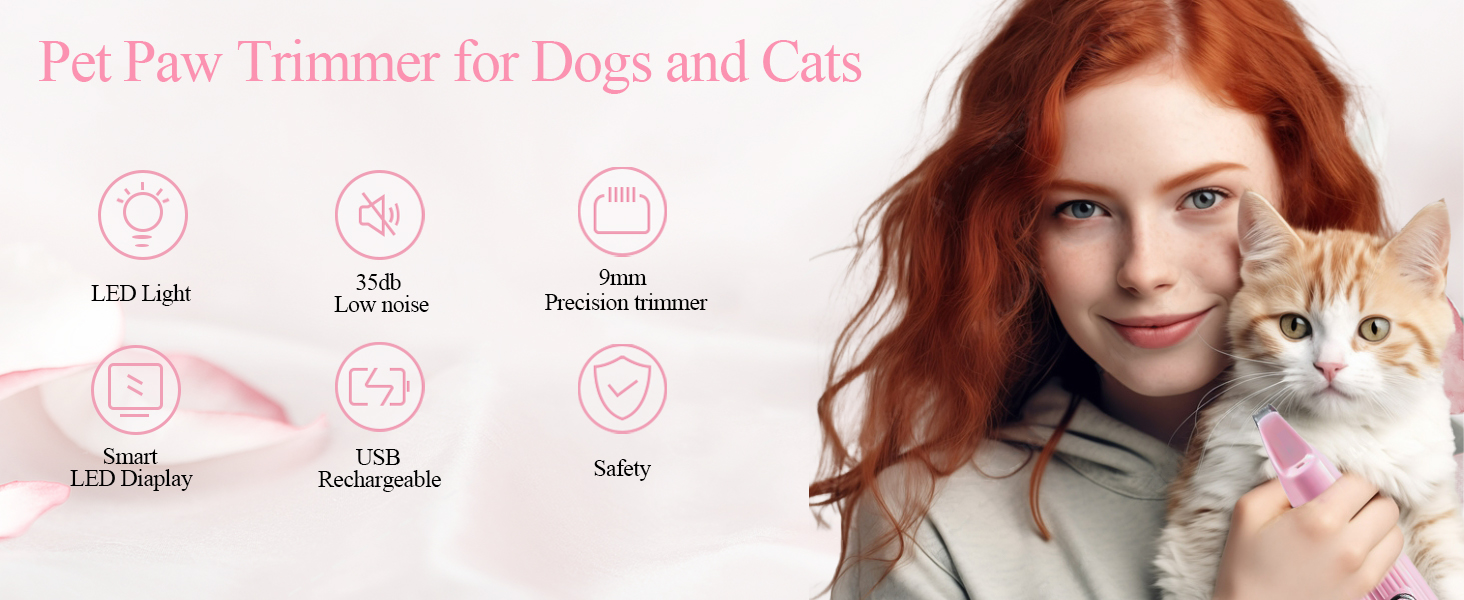 Триммер для собак LOEVERY з LED-підсвічуванням, 9 мм, USB-зарядка, рожевий. Ідеально для догляду за лапами, очима, обличчям та вухами