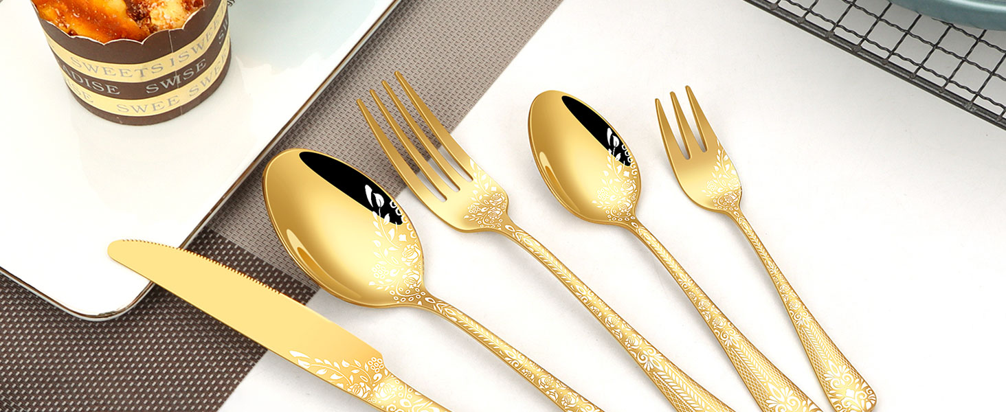 Набір столових приборів на 6 осіб HONKKU, нержавіюча сталь, з ножами для стейку, миючий посуду, з квітковим візерунком (30 предметів, золотий)