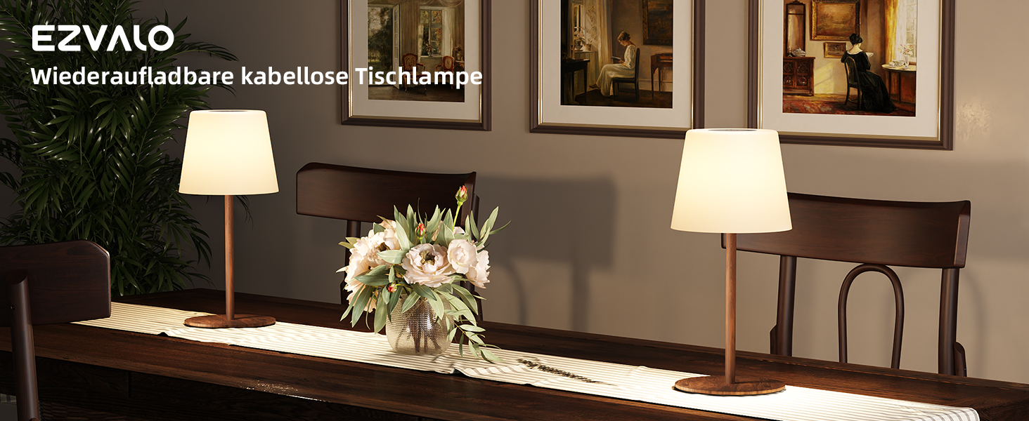 Світлодіодні настільні лампи EZVALO бездротові, 2 шт., IP65, USB-C, димування, 3 режими кольору, для дому та кемпінгу (дерев'яний колір)