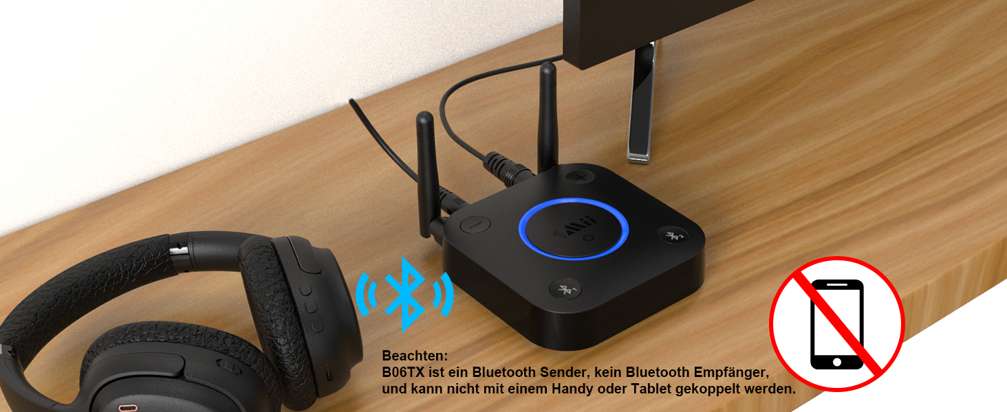 1Mii B06TX Bluetooth 5.2 Передавач для ТВ з aptX HD та низькою затримкою, велика дальність дії, аудіоадаптер для 2 навушників або динаміків, 3,5mm AUX/Оптичний/Коаксіальний вихід, регулювання гучності