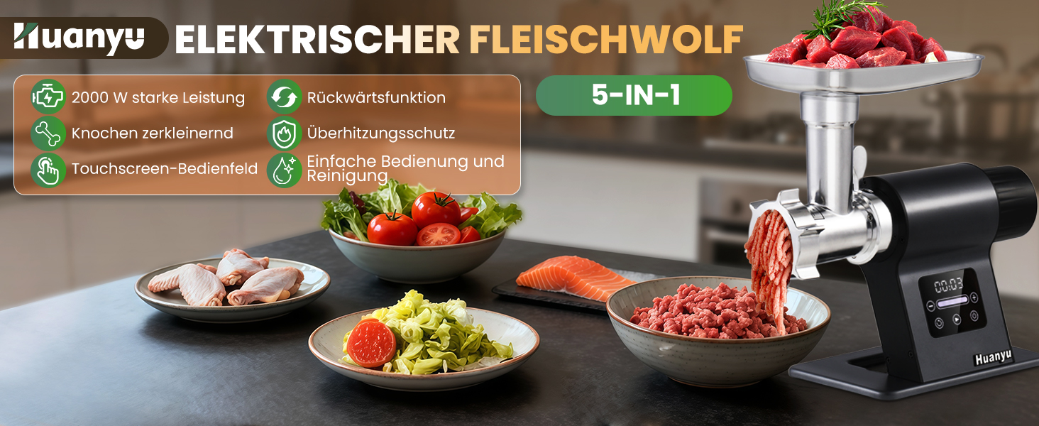 М'ясорубка електрична Huanyu 2000 Вт з сенсорним керуванням, багатофункціональна з 2 ножами та 3 дисками