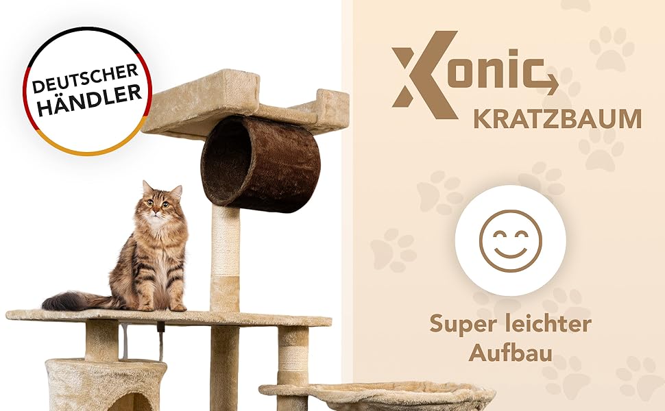 Кігтеточка Foxdevil для котів Xonic® - багатофункціональна кігтеточка з оглядовою платформою, гамаком, затишною печерою, іграшковою шнуркою, сходами – 141 см – (Бежевий/Коричневий V1)