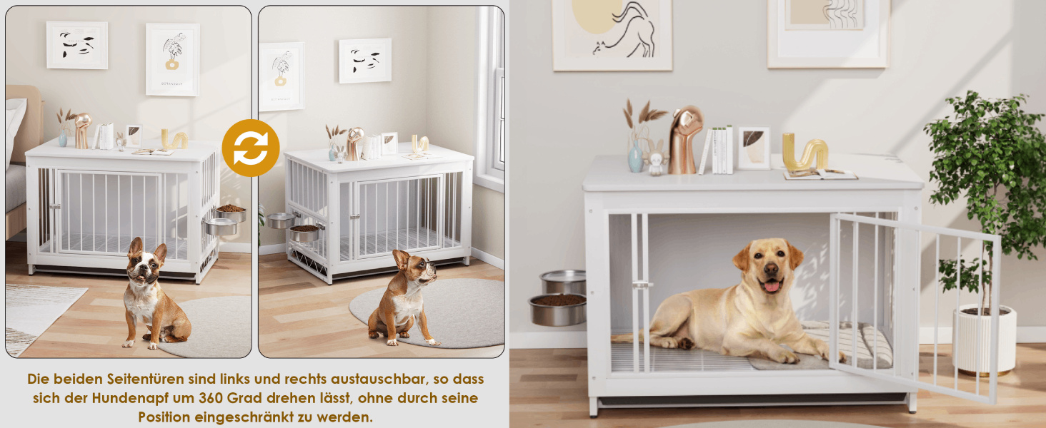 Клітка для собак для дому, дерев'яна собача будка 93x64x58 см, біла. Знімний піддон, 2 годівниці, двері. Для собак середніх та маленьких порід до 40 кг