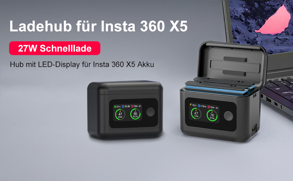Хаб для Insta 360 X5: Швидка зарядка 27W з LED-дисплеєм для акумулятора Insta 360 X5, з кабелем Type-C, інтелектуальний зарядний пристрій