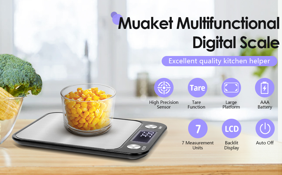 Кухонні ваги Muaket 1г/10кг з великою платформою 17,5x15см, електронні, з тарою, 7 одиниць вимірювання, для продуктів, овочів, фруктів