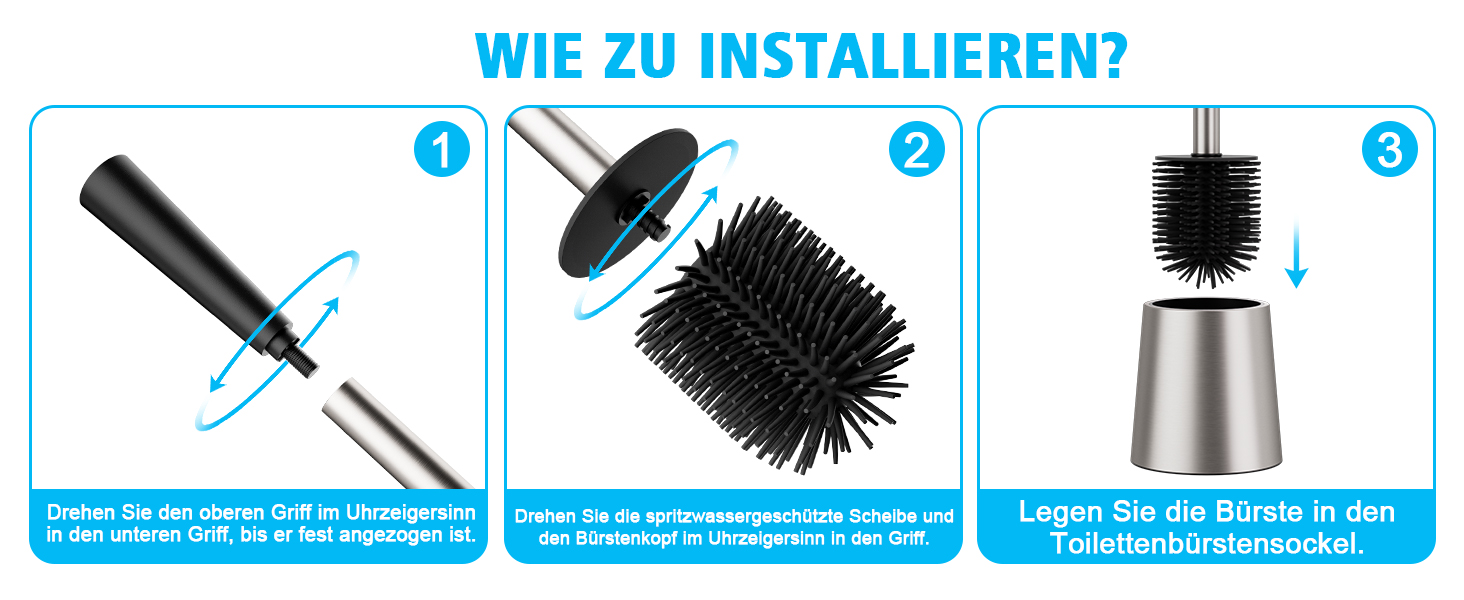 Набір для чищення унітазу FUNPALA з нержавіючої сталі та силікону, 2 насадки, ручка-тримач, сріблястий