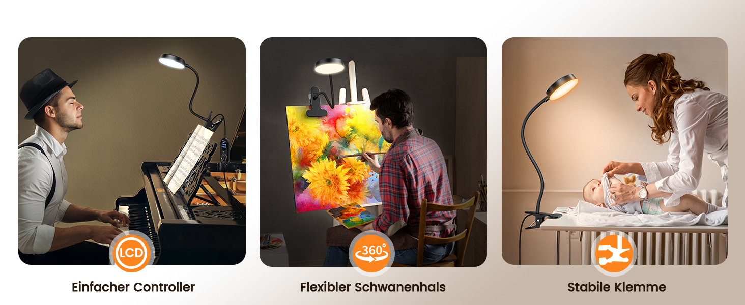 Світлодіодна приліжкова лампа Glocusent з кліпсою, 72 LED, 3 кольори, 5 рівнів яскравості, нічник, таймер, захист очей для читання, роботи (чорна з адаптером)