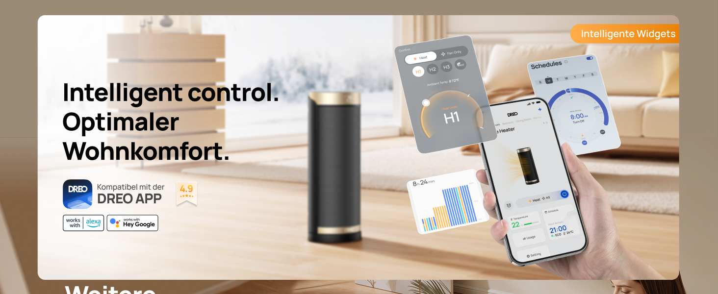Електричний обігрівач Dreo 2000W з термостатом та Wi-Fi, 16 дюймів, 3 режими, 3 швидкості, 12h таймер, для спальні, золотий