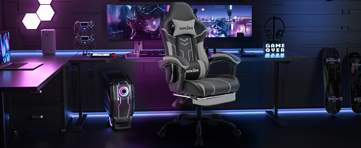 Ігрове крісло SUKIDA Ergonomic Gaming Chair з підставкою для ніг та підтримкою попереку, чорно-сіре