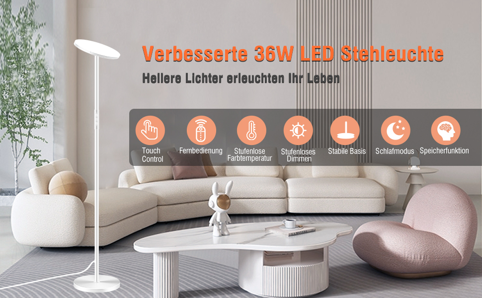 Стельова LED-лампа для вітальні Stehlampe Wohnzimmer: 4200LM, регулювання яскравості, пульт та сенсорне управління, 36W, тепле/холодне світло
