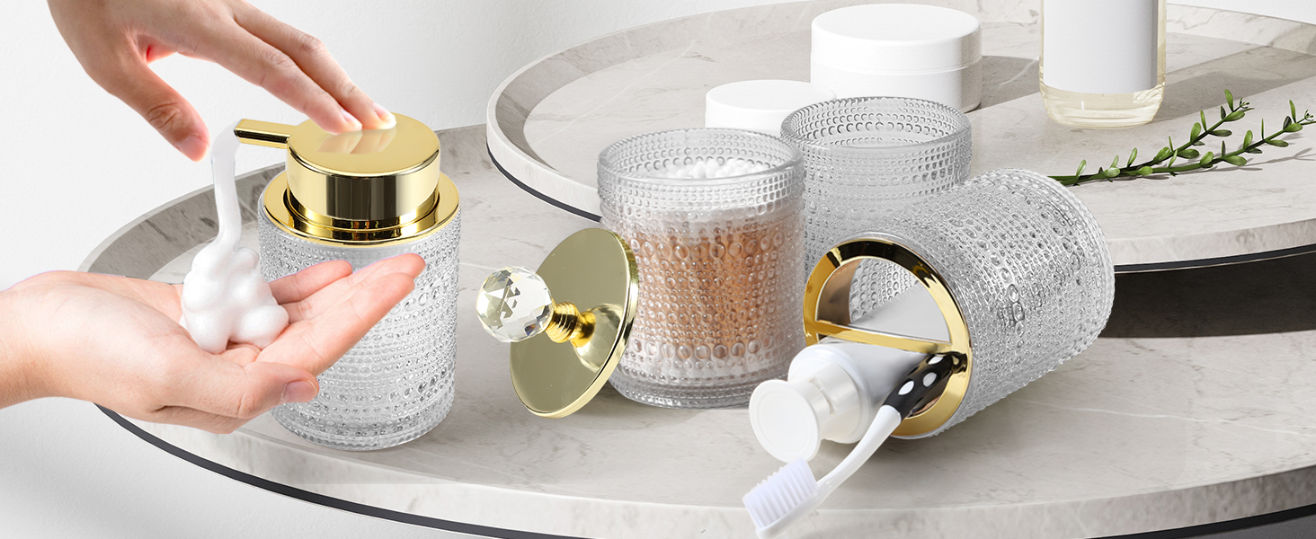 Набір аксесуарів для ванної кімнати Dasiton (4 шт.) з прозорого скла: мильниця, тримач для зубних щіток, стаканчик, контейнер для ватних паличок. Зелений/Прозорий (A)