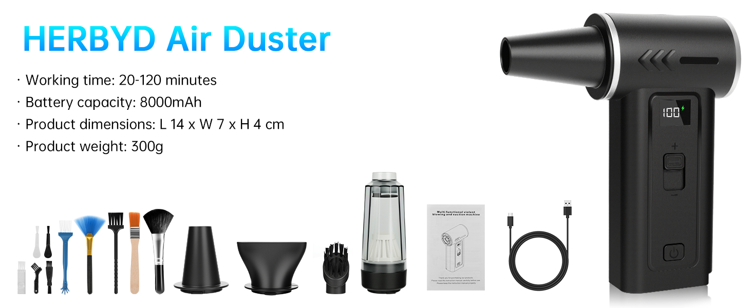 HERBYD 2-в-1 Електричний Пилосос-Обдув 180000 об/хв з Акумулятором 8000mAh та Цифровим Дисплеєм для Комп'ютера, Клавіатури, Дому та Автомобіля