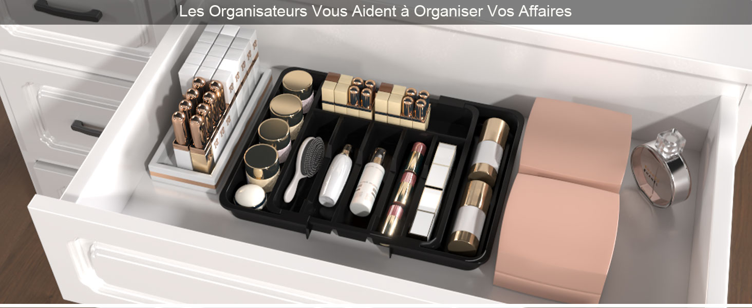 Органайзер для столових приборів в шухляду 40 см, чорний, пластиковий, з регульованими перегородками (6-8 відділень)