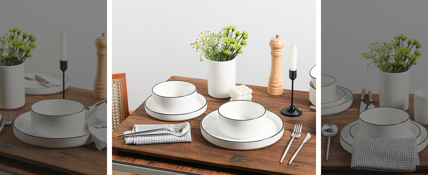 Набір посуду Sweejar Home з кераміки на 4 особи (12 предметів): тарілки та миски з порцеляни, богемський стиль, набір для обіду, безпечний у мийці та мікрохвильовці