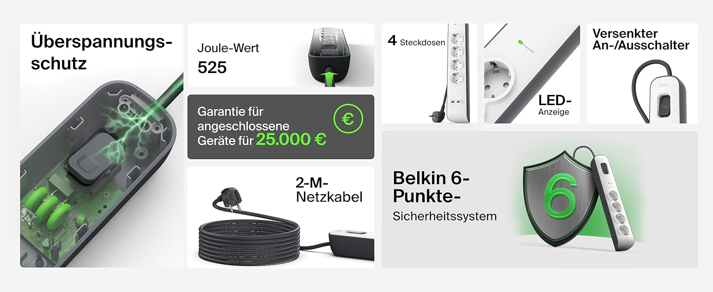 Мережевий фільтр Belkin з захистом від перенапруги, 6 розеток, 2 м кабель, 650 Дж, для дому та офісу