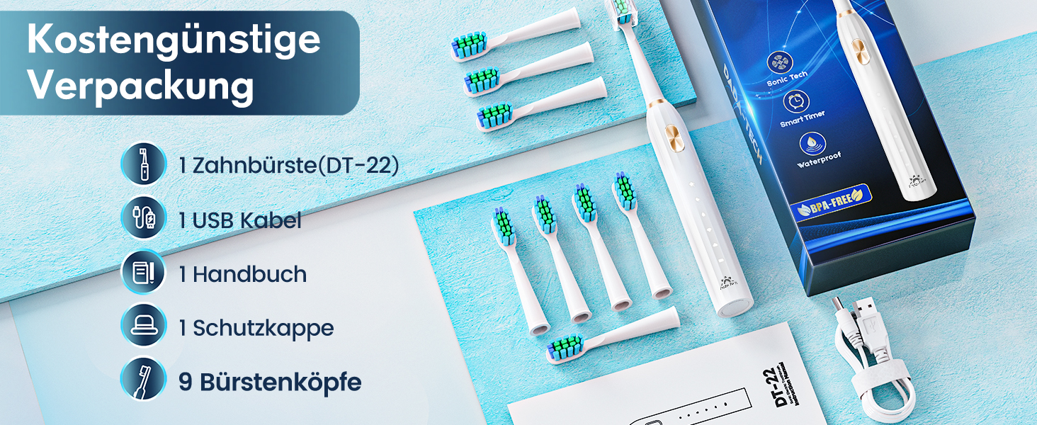 Електрична зубна щітка звукова для дорослих та дітей з 5 режимами чищення, таймером та 9 насадками Ultraschall (Синя)