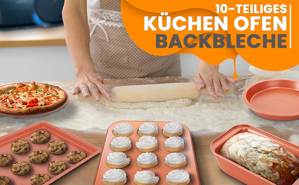 Набір для випічки Nutrichef 10 предметів з антипригарним покриттям. Включає: форма для кексів, форма для тортів, дека для піци, форма для мафінів, форма для хліба та інше. Можна мити в посудомийній машині, складається. Чорний (мідний)