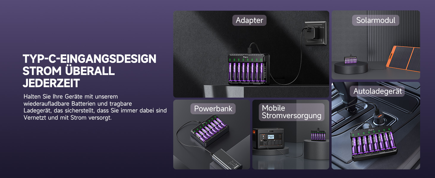 POWXS 8 x AA 3500mAh літієві акумулятори з 8-портовим швидким зарядним пристроєм з LCD-дисплеєм | Швидка зарядка та стабільна напруга 1.5V | Для геймпадів, LED-ліхтарів, пульт дистанційного керування