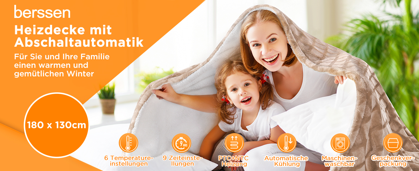 Електрична гріюча ковдра berssen з автовимкненням, 10 рівнів підігріву, таймером 1-9 год та захистом від перегріву, 160x180 см, темно-сіра