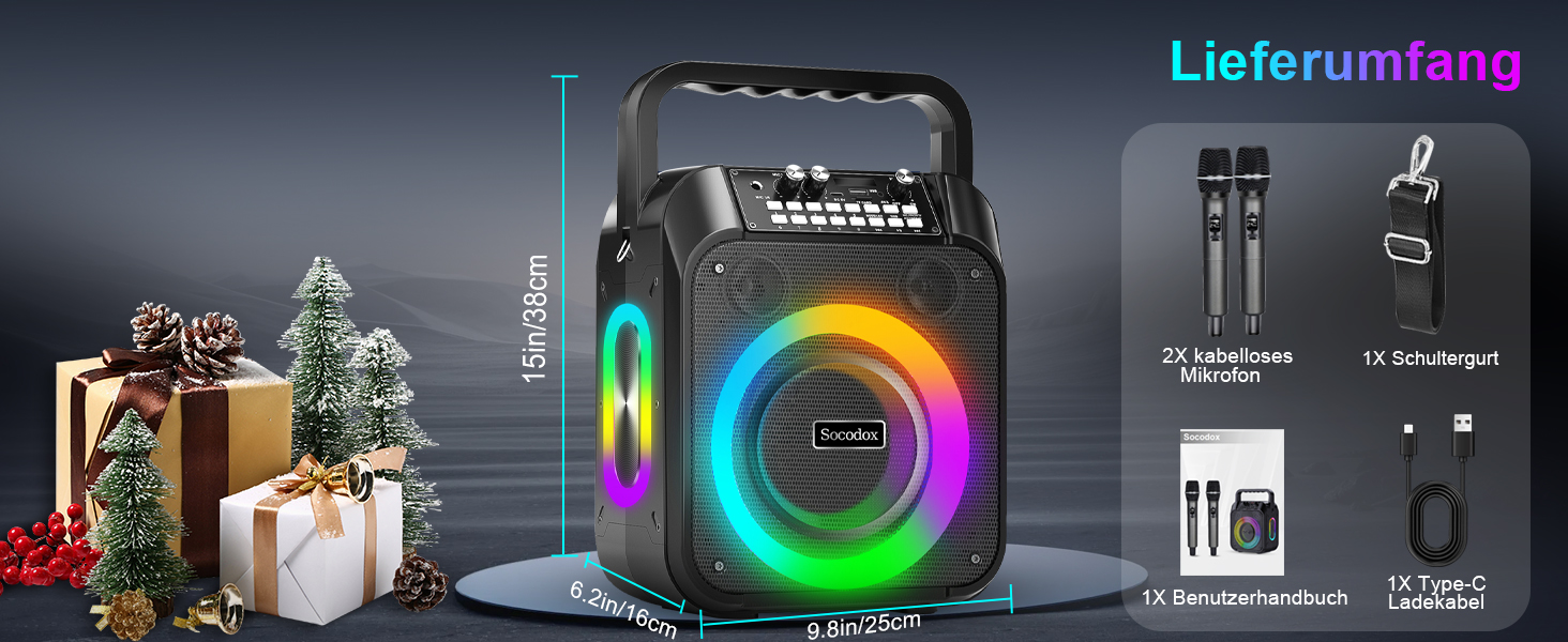 Караоке машина з Bluetooth, 2 мікрофонами, RGB-підсвічуванням та потужністю 30W
