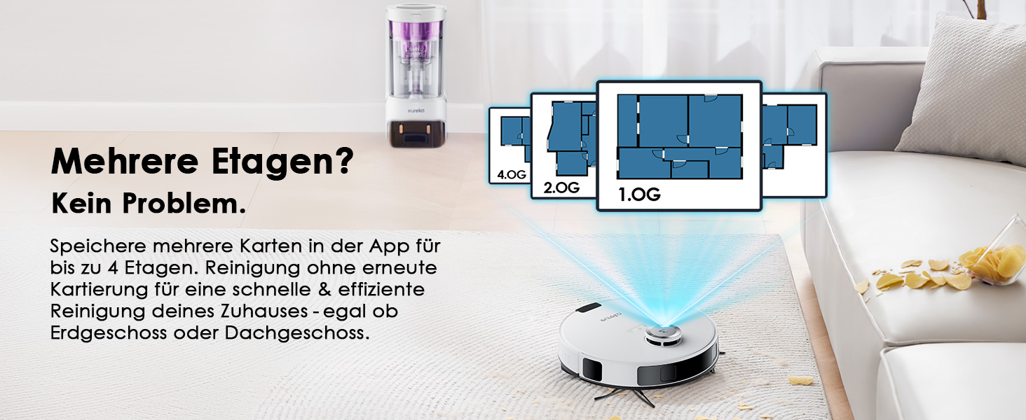 Робот-пилосос EUREKA E10s 2.Gen з вологою тканиною + станція самоочищення (4000Pa, автовизначення килима, підйом мопа, LiDAR-навігація, для видалення шерсті тварин, керування через додаток/голос) (білий)