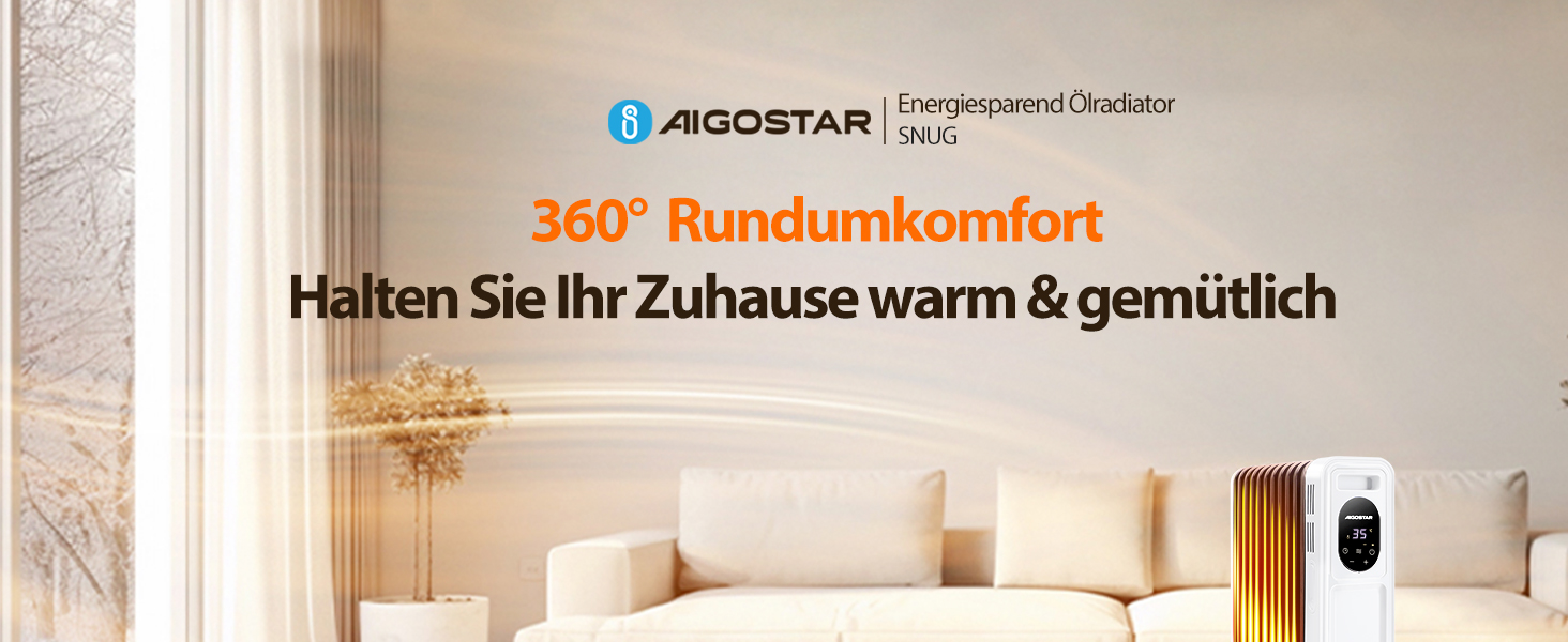 Електричний масляний радіатор Aigostar Snug 2500W з пультом керування, 13 ребер, термостат, 3 режими, ECO, таймер 24г, LED, захист від перекидання та перегріву