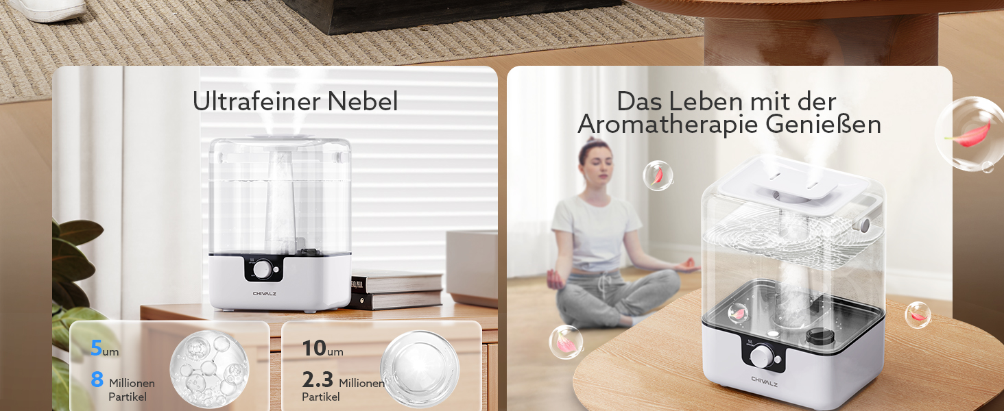 Зволожувач повітря CHIVALZ для великих приміщень, 6л з нічним світлом, поворотна 360° форсунка, 26дБ, 50год, аромадифузор для спальні, дитячої кімнати, рослин, дитини, білий, 1 шт + 2 виходи для пари