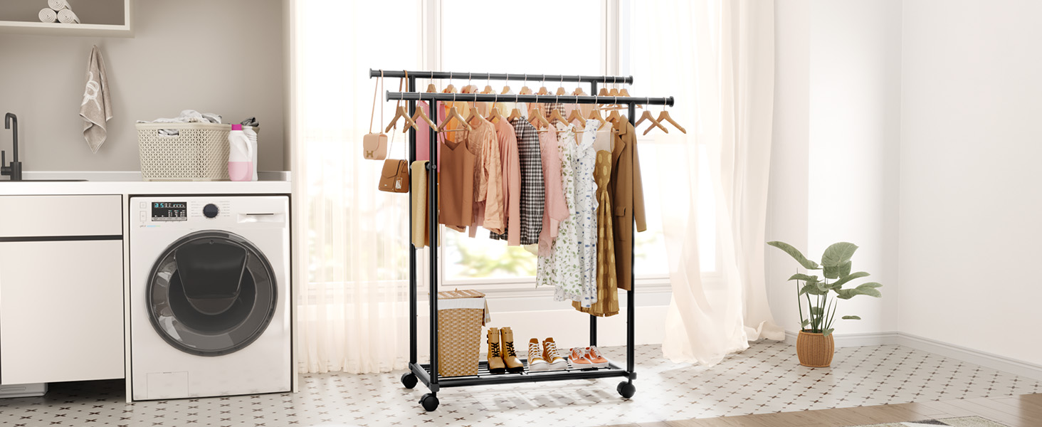 Стійка для одягу на колесах з подвійною перекладиною та сітчастим дном, 98 x 42 x 150 см, Чорний