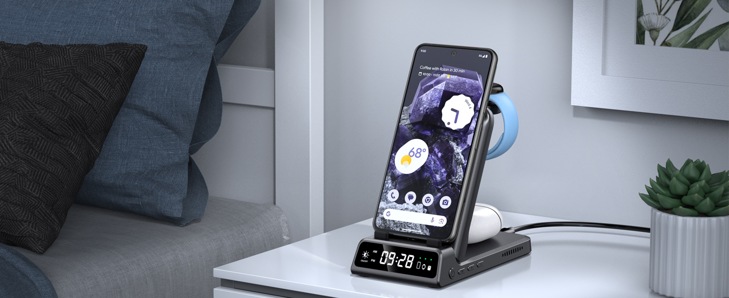 Бездротова зарядна станція 3-в-1 для Google Pixel Watch 3/2, Fitbit Versa 4/3, Sense 2/1, Samsung Galaxy S26 Ultra, iPhone 17 та Pixel Buds Pro 2 - SwanScout 703G2 (Чорний)